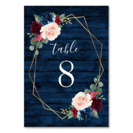 Hochzeitshochzeiten von Navy und Burgund Gold Blus Tischnummer