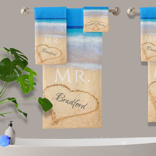 Hochzeitshöre in Sand Family Monogram, Groom Mr. Badhandtuch Set