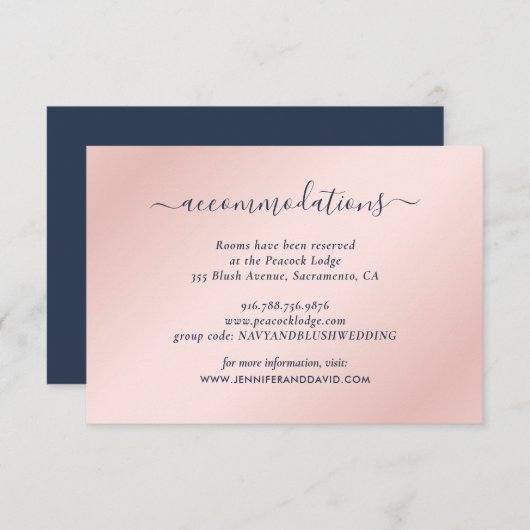 Hochzeitshotel Navy Blue and Blush Begleitkarte (Vorne/Hinten)