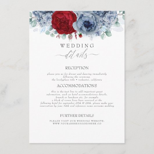 Hochzeitsinformationen für Blume in Blau und Rot Begleitkarte (Vorderseite)