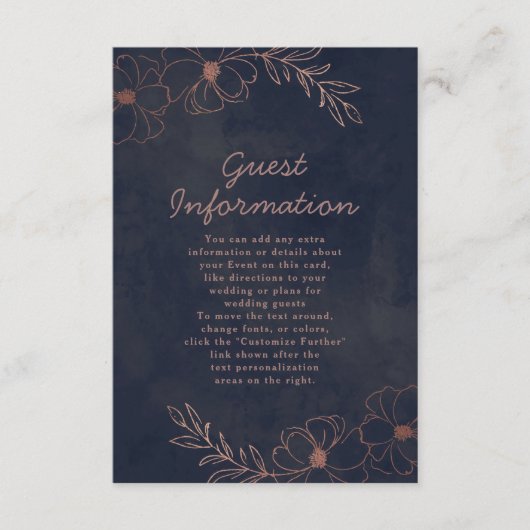 Hochzeitsinformationen für Navy Blue & Rose Gold F Begleitkarte (Vorderseite)