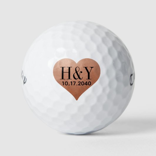 Hochzeitsinitialen Monogramm Datum Kupfer Herz Golfball (Vorderseite)