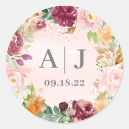 Hochzeitsinitials Blush Burgundy Blumenreath Runder Aufkleber