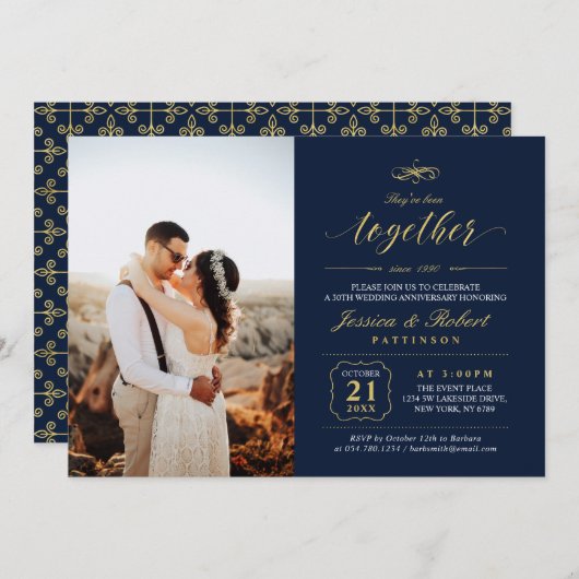 Hochzeitsjubiläum in Gold und Navy Blauer Elegante Einladung (Vorne/Hinten)