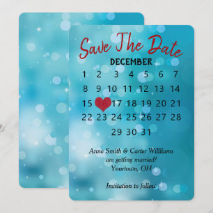 Hochzeitskalender 'Datum speichern' auf Aqua-Bokeh Einladung