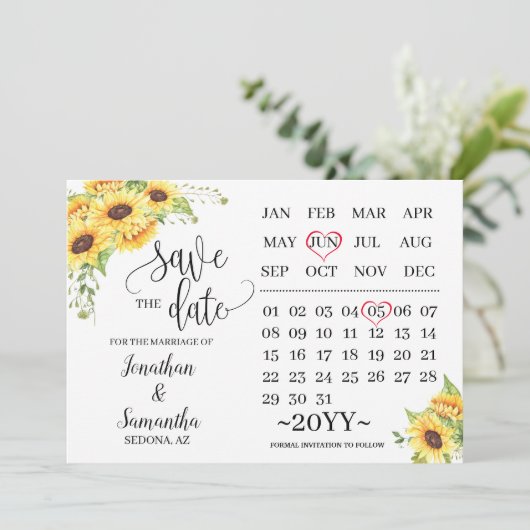 Hochzeitskalender Save the Date Sonnenblumen Einladung (Stehend Vorderseite)