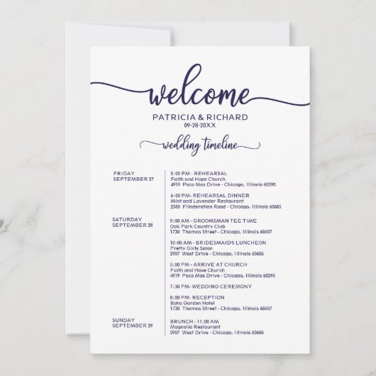 Hochzeitskalender Wochenende Elegante Chic Navy Bl Einladung (Vorderseite)