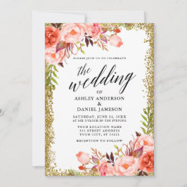 Hochzeitskalligrafie Coral Floral Gold Glitzer Einladung