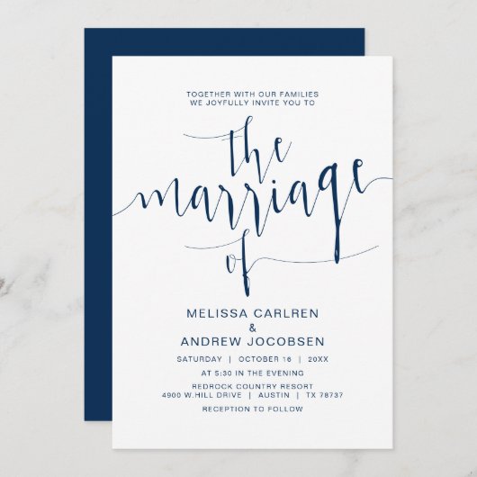Hochzeitskalligrafie, einfaches Marineblau, Ehe Einladung (Vorne/Hinten)