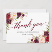 Hochzeitskalligrafie Floral Burgundy Dankeskarte (Vorderseite)