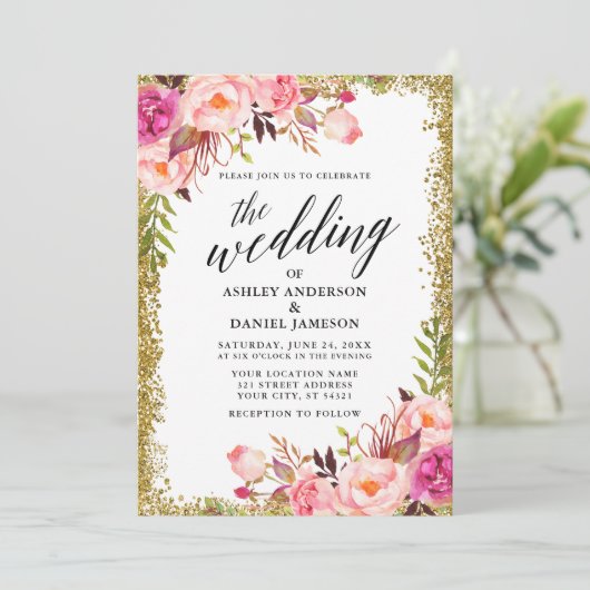 Hochzeitskalligrafie Gold Glitzer Rosa Blütenblätt Einladung (Stehend Vorderseite)