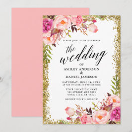 Hochzeitskalligrafie Gold Glitzer Rosa Blütenblätt Einladung