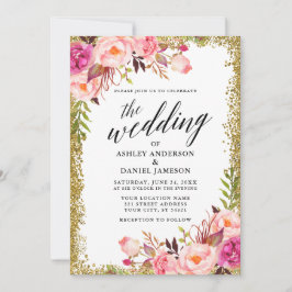Hochzeitskalligrafie Pink Floral Gold Glitzer Einladung