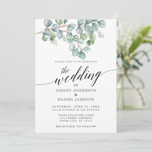 Hochzeitskalligraphie Eukalyptus-Eukalyptus-Grüne Einladung (Stehend Vorderseite)