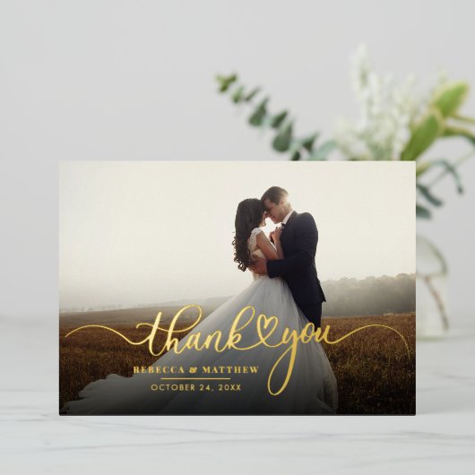 Hochzeitskalligraphie Foto Danke Gold Folieneinladung (Stehend vorne)