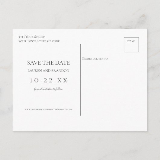 Hochzeitskalligraphie - Foto Save the Date Ankündigungspostkarte (Rückseite)