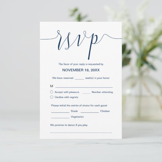 Hochzeitskalligraphie, Navy Blue Script, Dinner UA Begleitkarte (Stehend Vorderseite)