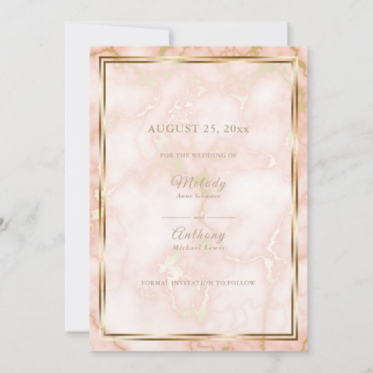 Hochzeitskalligraphie und Verzierte Goldmarmor-Ros Save The Date (Rückseite)