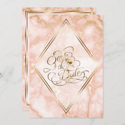 Hochzeitskalligraphie und Verzierte Goldmarmor-Ros Save The Date (Vorne/Hinten)