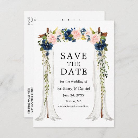 Hochzeitskanopie Arch Wasserfarbe Rosa Blauer Blüt Ankündigungspostkarte (Vorne/Hinten)