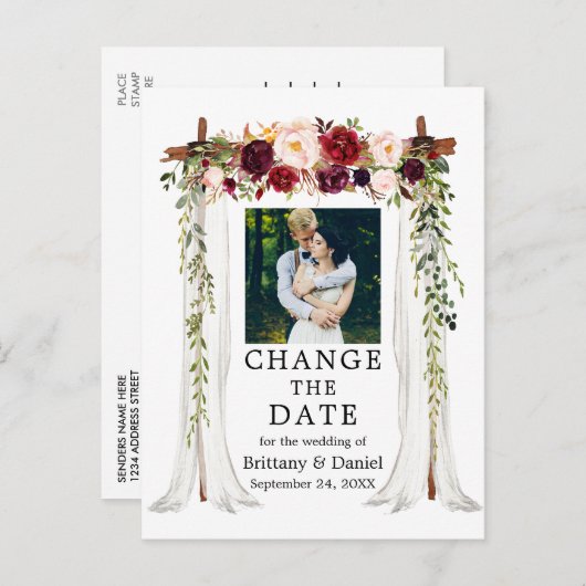 Hochzeitskanopie Burgund Floral ändern das Datum Postkarte (Vorne/Hinten)