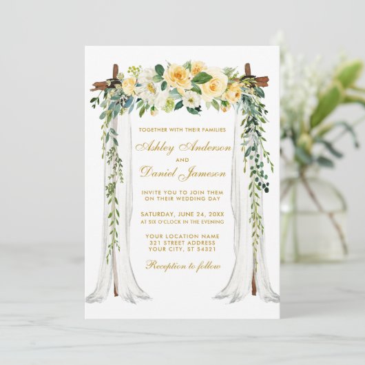 Hochzeitskanopie Grün goldene Wasserfarbe Gelbe Bl Einladung (Stehend Vorderseite)