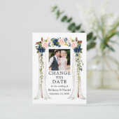 Hochzeitskanopie rosa blaue Blüte ändert das Datum Postkarte (Stehend Vorderseite)