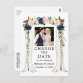 Hochzeitskanopie rosa blaue Blüte ändert das Datum Postkarte (Vorne/Hinten)