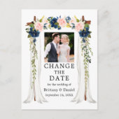 Hochzeitskanopie rosa blaue Blüte ändert das Datum Postkarte (Vorderseite)