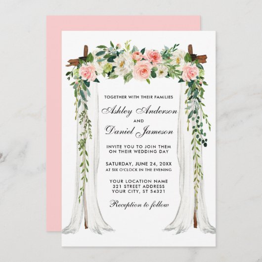 Hochzeitskanopie Wasserfarbe Blumenrosa Rosa Einladung (Vorne/Hinten)