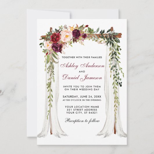 Hochzeitskanopie Wasserfarbe Burgund Blumenstrauch Einladung (Vorderseite)