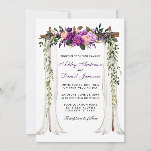 Hochzeitskanopie Wasserfarbe Lila Blüte Einladung (Vorderseite)