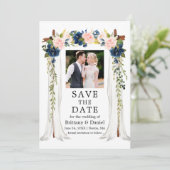 Hochzeitskanopie Wasserfarbe Rosa blaues Foto Save The Date (Stehend Vorderseite)