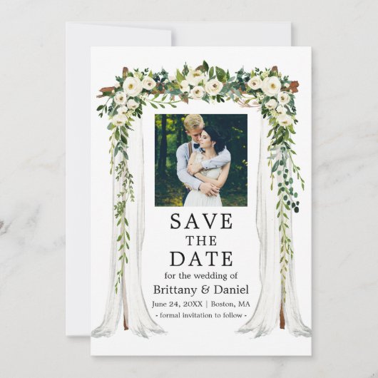 Hochzeitskanopie Wasserfarbe Weiße Blüte Save The Date (Vorderseite)