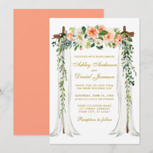 Hochzeitskanopie Wasserfarben Korallenflora Gold Einladung
