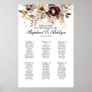 Hochzeitskarte 6 Tische, bordeauxfarbene Ponys Poster