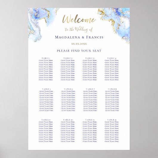 Hochzeitskarte aus blauem Marmor Poster (Vorne)