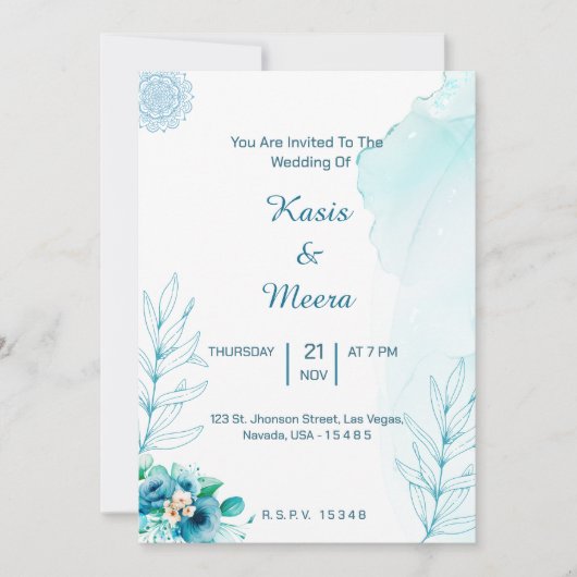 Hochzeitskarte Blauer Blumen Einladung (Vorderseite)