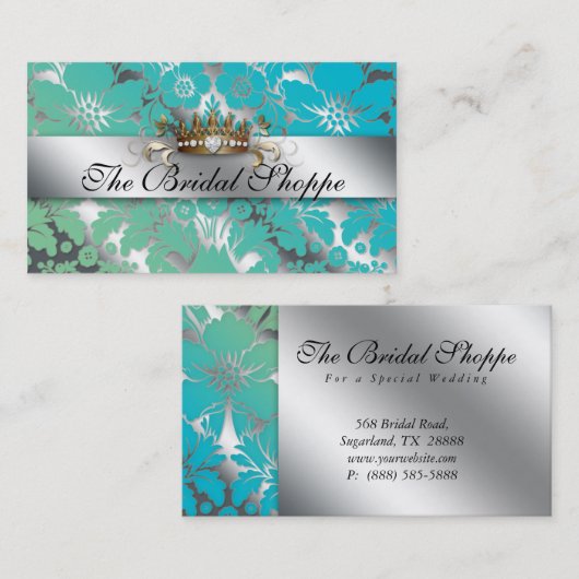 Hochzeitskarte Damask Floral Silver Crown Visitenkarte (Vorne/Hinten)