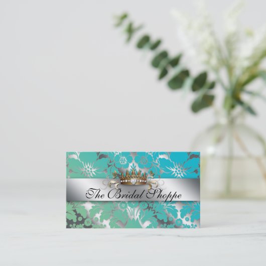 Hochzeitskarte Damask Floral Silver Crown Visitenkarte (Stehend Vorderseite)