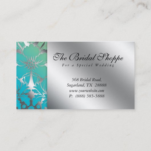 Hochzeitskarte Damask Floral Silver Crown Visitenkarte (Rückseite)