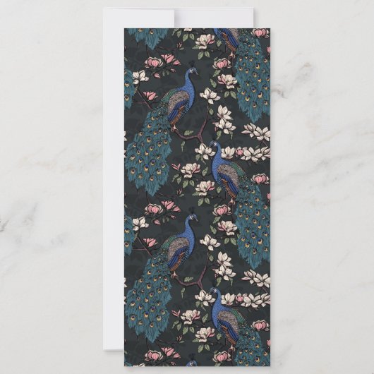 Hochzeitskarte des modernen Black Floral Peacock (Rückseite)