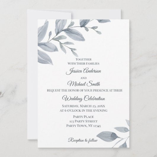 Hochzeitskarte "Dusty Blue Greenery Watercolor" Einladung (Vorderseite)