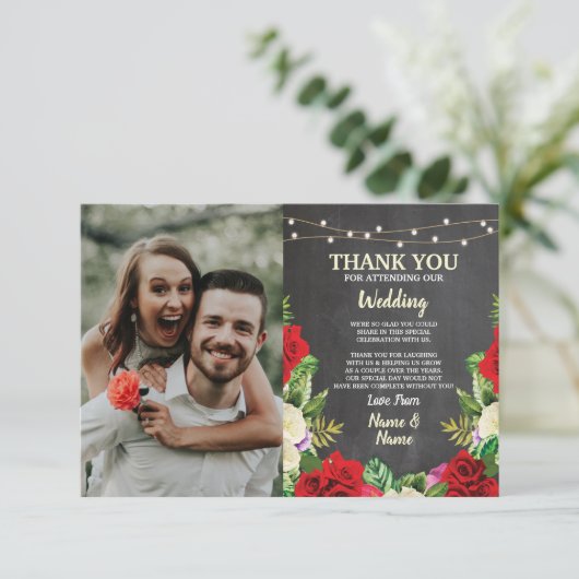 Hochzeitskarte Foto Dankeschön Rote Rosen Chalk Ca Einladung (Stehend Vorderseite)