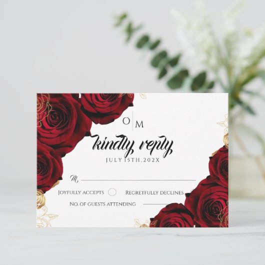 Hochzeitskarte für Burgund und Gold-Rose RSVP Karte (Stehend Vorderseite)