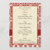 Hochzeitskarte für Creme und Red Damask Menükarte (Rückseite)