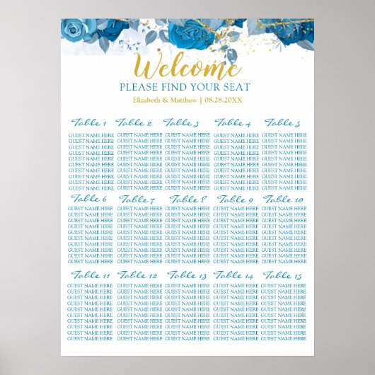 Hochzeitskarte für Cyan Blue und Gold Floral Poster (Vorne)