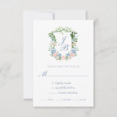 Hochzeitskarte für das blaue Blumenfloral-Wappen RSVP Karte (Vorderseite)
