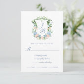 Hochzeitskarte für das blaue Blumenfloral-Wappen RSVP Karte (Stehend Vorderseite)