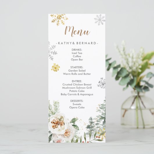 Hochzeitskarte für den Winterweißen Pinienwald Menükarte (Stehend Vorderseite)